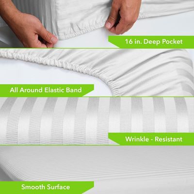 500 Thread Count 100% Cotton Fitted Sheet Sateen Weave Damask Striped Bedroom Essential