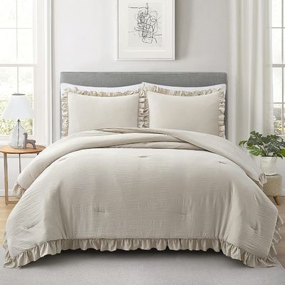 Customized 3 Pieces Queen Comforter Set Farmhouse Bedding Set with Ruffle Bed Design