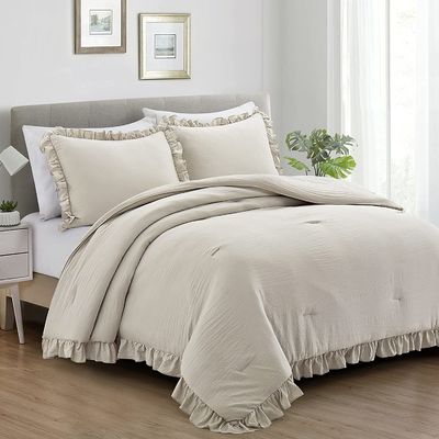 Customized 3 Pieces Queen Comforter Set Farmhouse Bedding Set with Ruffle Bed Design
