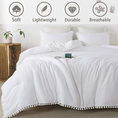 130 * 70 Fabric Density White Pom Pom Fringe Duvet Cover and Pillowcase Set 3 Pieces