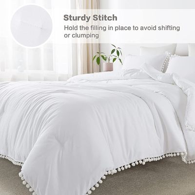130 * 70 Fabric Density White Pom Pom Fringe Duvet Cover and Pillowcase Set 3 Pieces