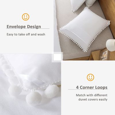 130 * 70 Fabric Density White Pom Pom Fringe Duvet Cover and Pillowcase Set 3 Pieces