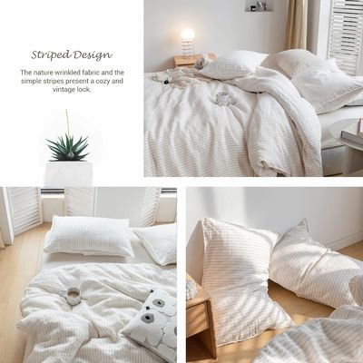 100% Pure Linen Duvet Cover Set 3Pcs Striped Washed Natural Flax Bedding Set