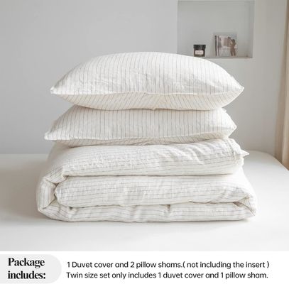100% Pure Linen Duvet Cover Set 3Pcs Striped Washed Natural Flax Bedding Set